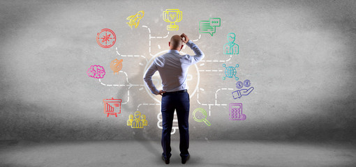 Poster - Businessman in front of a Bulb lamp idea concept with start up icon connected 3d rendering