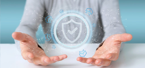 Poster - Man holding a Shield web security concept 3d rendering