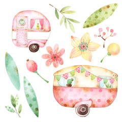 Ready to use children illustration style set of watercolor graphics including two retro caravans, three leaves, yellow flower, red flower, two green branches, three berries and two buds