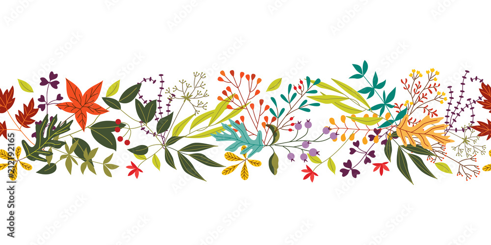 Autumn colorful leaves and berries collected in form of rectangle isolated on white background - natural seasonal decorative element with fall plants in flat vector illustration. - obrazy, fototapety, plakaty 