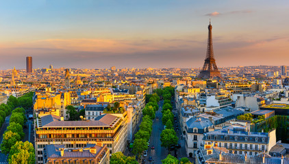 Wall Mural - skyline of paris with eiffel tower in paris, france. panoramic sunset view of paris