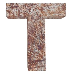 Conceptual old rusted meta capital letter -T, iron or steel industry piece isolated white background.  3D rendered illustration.