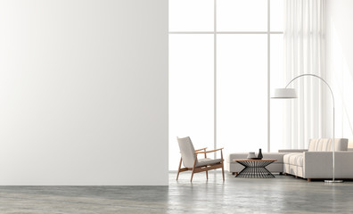 minimal style living room 3d render.there are concrete floor,white wall.finished with beige color fu