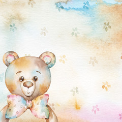 Light small flowers pattern on an abstract yellow, pink and blue hand painted watercolor background decorated with a wooden baby teething ring teddy bear toy