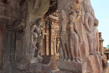 Carved Figures Dvarapala And Charming Mithunas On The Pillars Of Northern Mukha Mandapa, Virupaksha Temple, Pattadakal Temple Complex, Pattadakal, Karnataka, India