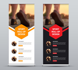 Poster - Vector black and white roll-up banner with place for photo and colored hexagons.