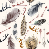 Fashion bohemian pattern with feathers, Indian arrows and deer horns