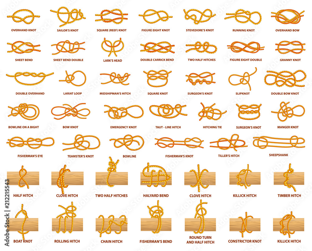 All Types of Knots Demonstrated with Strong Rope - obrazy, fototapety, plakaty 