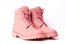 Female Winter Boots Pink Color Isolated On White. Women's Shoes.