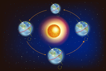 the seasons on earth. illustration showing earth's position in relation to the sun at the equinoxes 