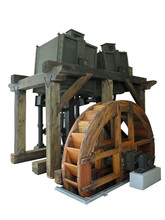 Ancient Rusty Old Wooden Water Wheel Driven Machine Isolated Over White