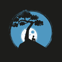 Vector Illustration With Lonely Young Man Silhouette Sitting On The Hill, White Moon, Blue Sky And Black Tree