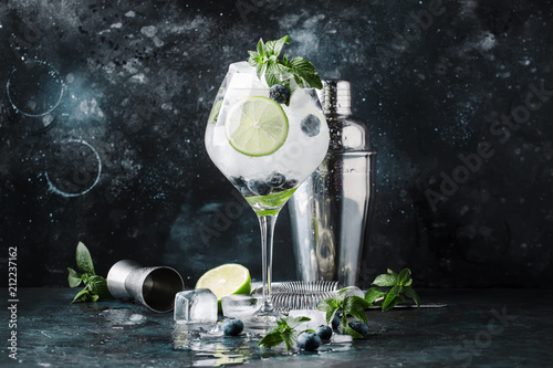 Fotografía Summer alcoholic cocktail blueberry mojito with rum, mint, lime and ice, bar too
