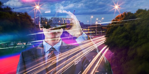Poster - Composite image of businessman in suit using virtual reality