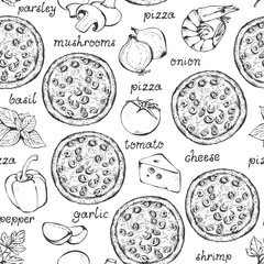 Wall Mural - Pizza ingredients vector seamless pattern, hand drawn food background with text