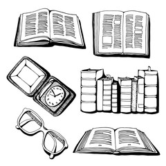 Aufkleber - Books, old clock and glasses set, vector illustration isolated on white background