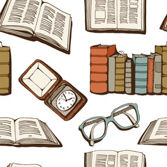 Poster - Seamless pattern with books, old clock and glasses, vintage background