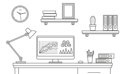 Wall Mural - Office desk or table with computer outline sketch. Line style business workspace or interior. Vector illustration. 