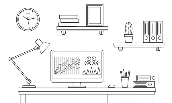Office desk or table with computer outline sketch. Line style business workspace or interior. Vector illustration. 