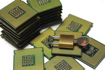 CPU Processor Chips and padlock. Concept of Security Data.