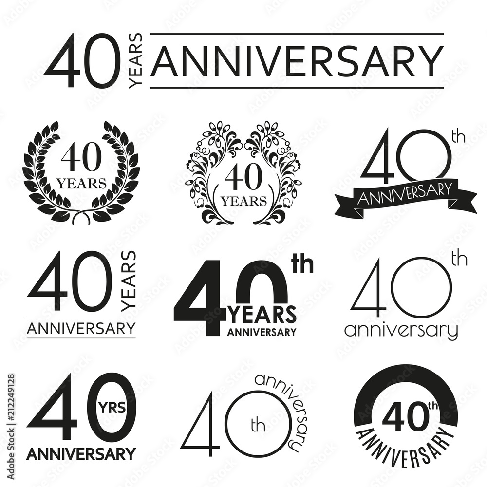 40 years anniversary icon set. 40th anniversary celebration logo. Design elements for birthday, invitation, wedding jubilee. Vector illustration. - obrazy, fototapety, plakaty 