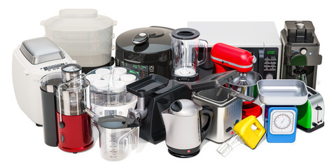 Poster - Set of small kitchen home appliances. Toaster, kettle, food steamer, mixer, blender, 
