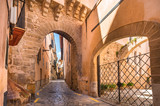 Fototapeta Uliczki - Idyllic narrow street with gate of Almudaina at the old historic city center of Palma de Mallorca