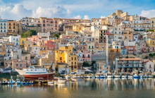 The Colorful City Of Sciacca Overlooking Its Harbour. Provice Of Agrigento, Sicily.