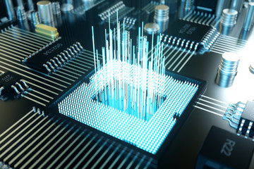 Aufkleber - 3D illustration computer chip, a processor on a printed circuit board. The concept of data transfer to the cloud. Central processor in the form of artificial intelligence. Data transfer