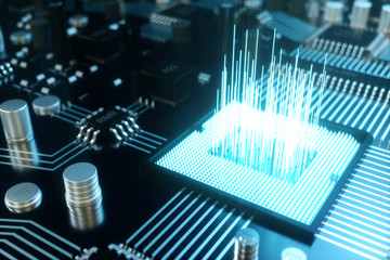Poster - 3d illustration computer chip, a processor on a printed circuit board. the concept of data transfer 