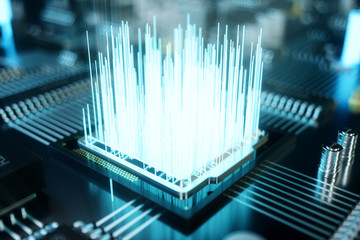 Poster - 3d illustration computer chip, a processor on a printed circuit board. the concept of data transfer 