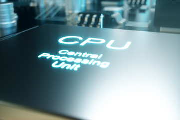 Aufkleber - 3D illustration computer chip, a processor on a printed circuit board. The concept of data transfer to the cloud. Central processor in the form of artificial intelligence. Data transfer