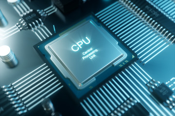 Aufkleber - 3D illustration computer chip, a processor on a printed circuit board. The concept of data transfer to the cloud. Central processor in the form of artificial intelligence. Data transfer