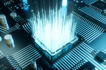 Aufkleber - 3D illustration computer chip, a processor on a printed circuit board. The concept of data transfer to the cloud. Central processor in the form of artificial intelligence. Data transfer