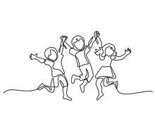 Happy Jumping Children Holding Hands. Continuous Line Drawing. Vector Illustration On White Background