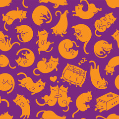 Sleeping Cats Seamless Pattern and Background, Orange on Purple