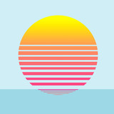 Fototapeta Zachód słońca - Illustration of a minimalist beach with a sun at sunset in yellow, orange and pink tones. Background is a calm blue sea and clear blue sky.
