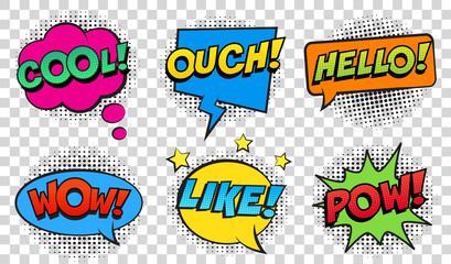 Wall Mural - retro comic speech bubbles set on transparent background. expression text pow, cool, ouch, hello, li