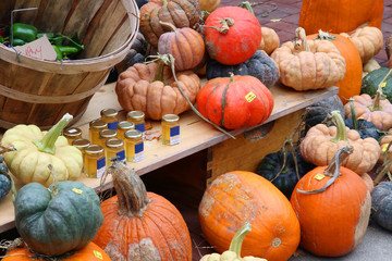 Farmers market goods display. Colorful gourds and honey jars for sale at autumn seasonal farmers market. Agriculture, farming and small business background. Harvest concept.