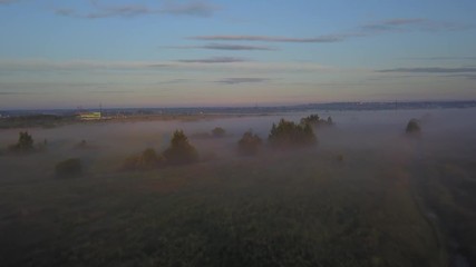 Wall Mural - beautiful aerial shot of thick layer of fog on fields during sunrise with expanse and endless skylin