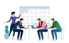 Company Business Team Working Together Planning And Scheduling Their Operations Agenda On A Big Calendar. Flat Style Vector Illustration. Deadline Project Concept.