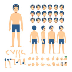 Wall Mural - swimmer boy character set. Full length. Different view, emotion, gesture.
