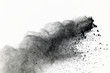 Black powder explosion against white background. Black dust explosion isolate.