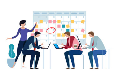 Poster - Company business team working together planning and scheduling their operations agenda on a big spring desk calendar. Drawing circle mark and sticky notes. Flat style illustration