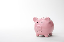 Pink Piggy Bank On White Background. Money Saving