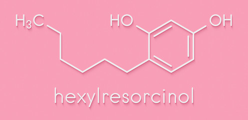 Wall Mural - Hexylresorcinol molecule. Has anaesthetic, antiseptic and anthelmintic properties. Skeletal formula.