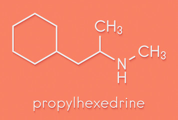 Sticker - Propylhexedrine molecule. Used as nasal decongestant and stimulant. Skeletal formula.