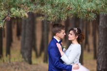 Lovely Bride And Groom Hold Each Other Tender Standing In An Autumn Forest