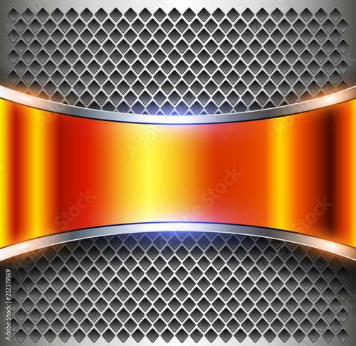 Metallic background orange banner over perforated silver pattern