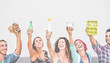 © DisobeyArt - Happy people show recyclable paper, plastic, glass and aluminum can